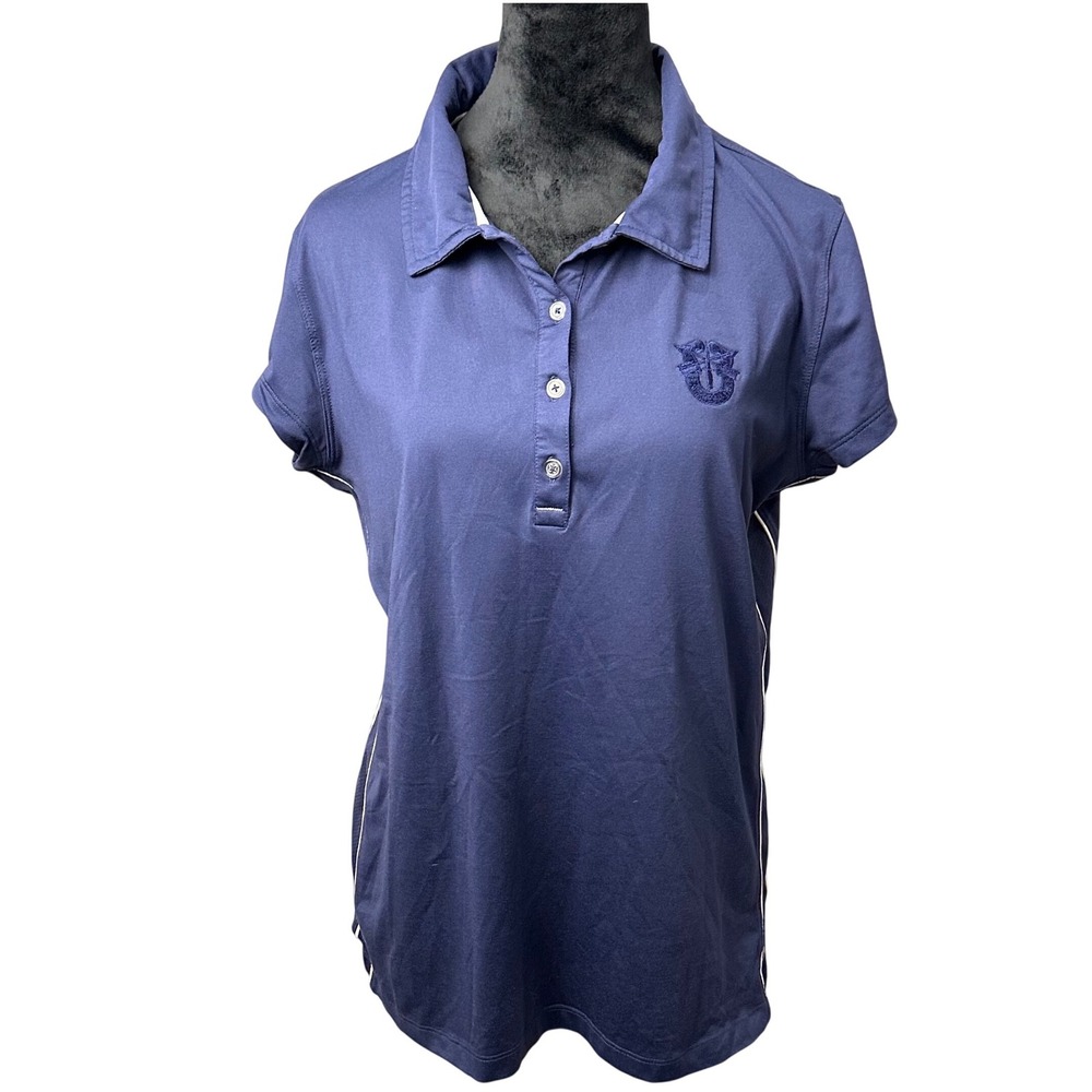 Alo Yoga CoolFit Womens XL Navy Blue‎ Short Sleeve Performance Polo Shirt Crest